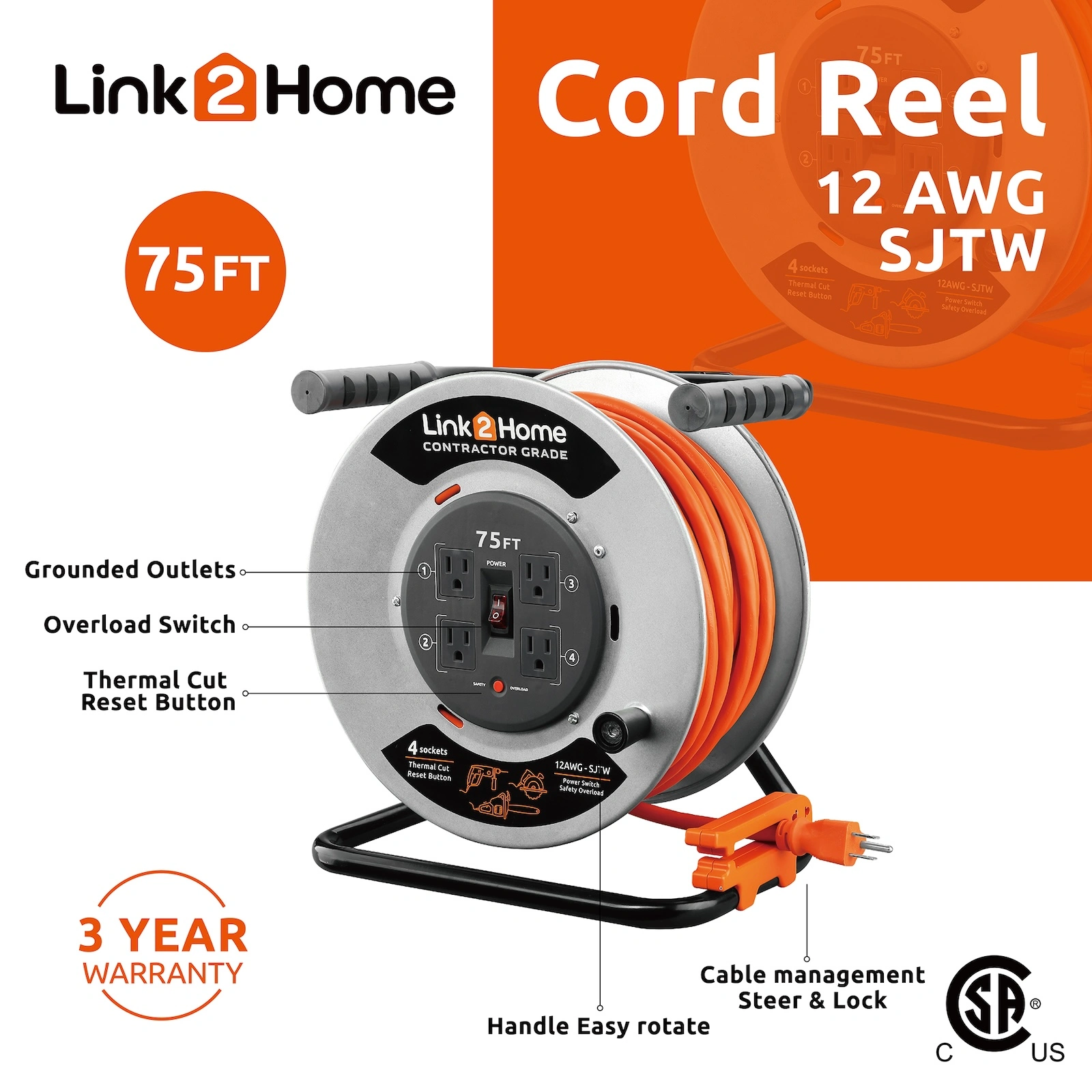 Link2Home - CONTRACTOR GRADE Metal Cord Reel 75 ft. Extension