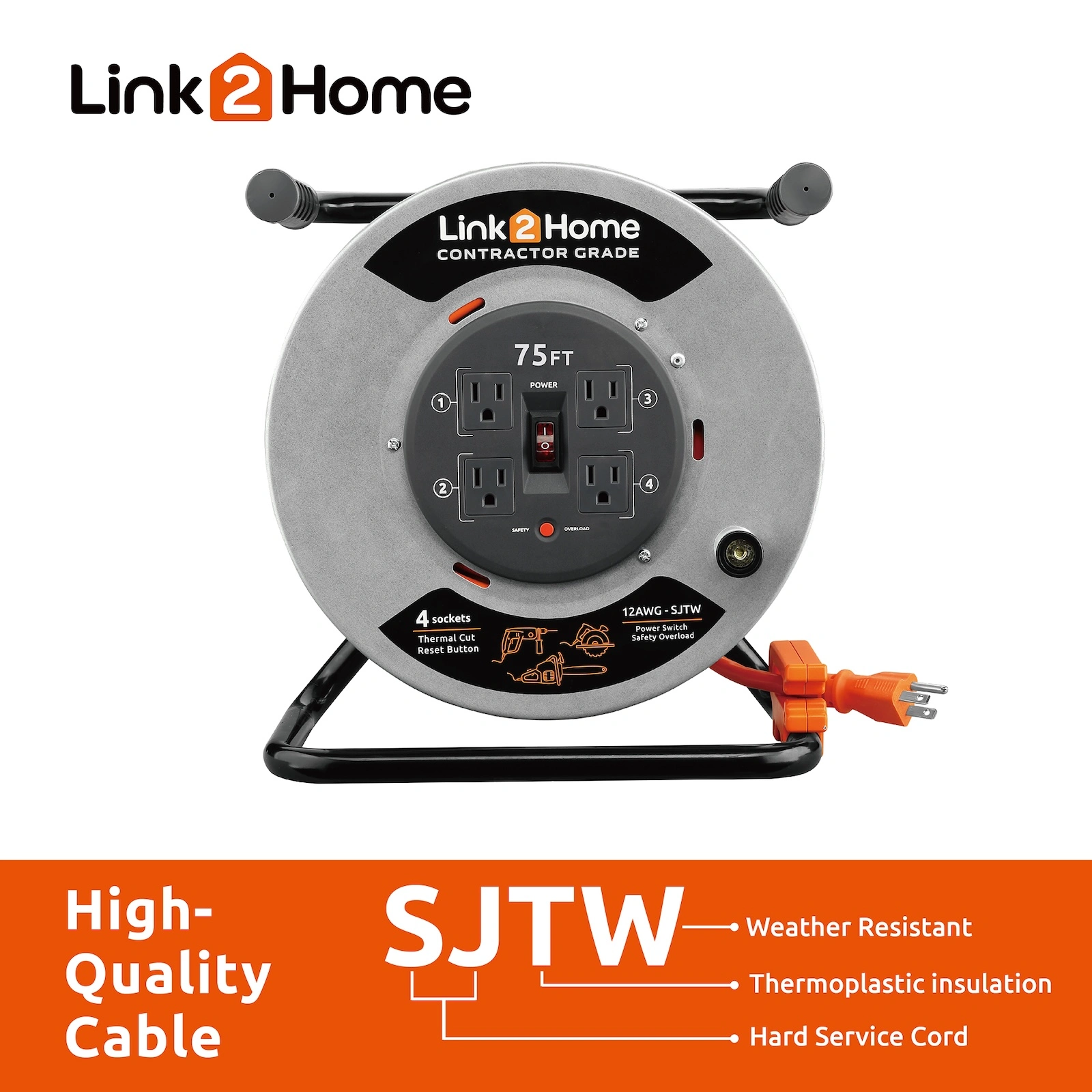 Link2Home - CONTRACTOR GRADE Metal Cord Reel 75 ft. Extension