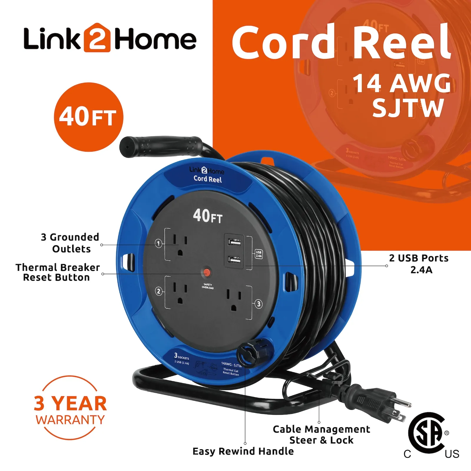 Link2Home - 40 Ft. Extension Cord Reel, Blue