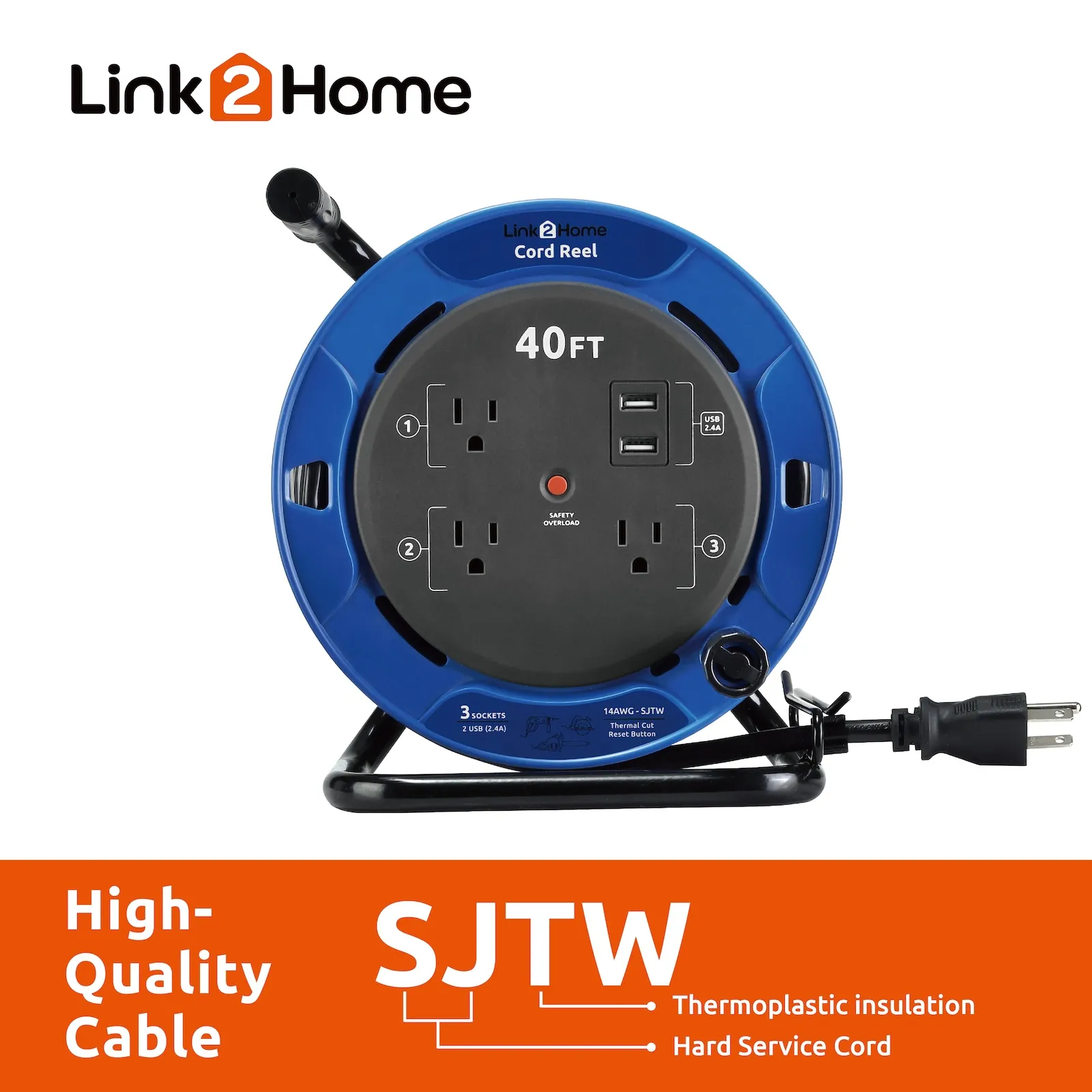 Link2Home - 40 Ft. Extension Cord Reel, Blue