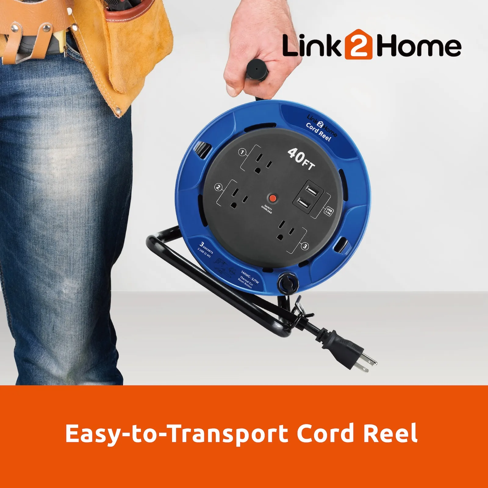 Link2Home - 40 Ft. Extension Cord Reel, Blue