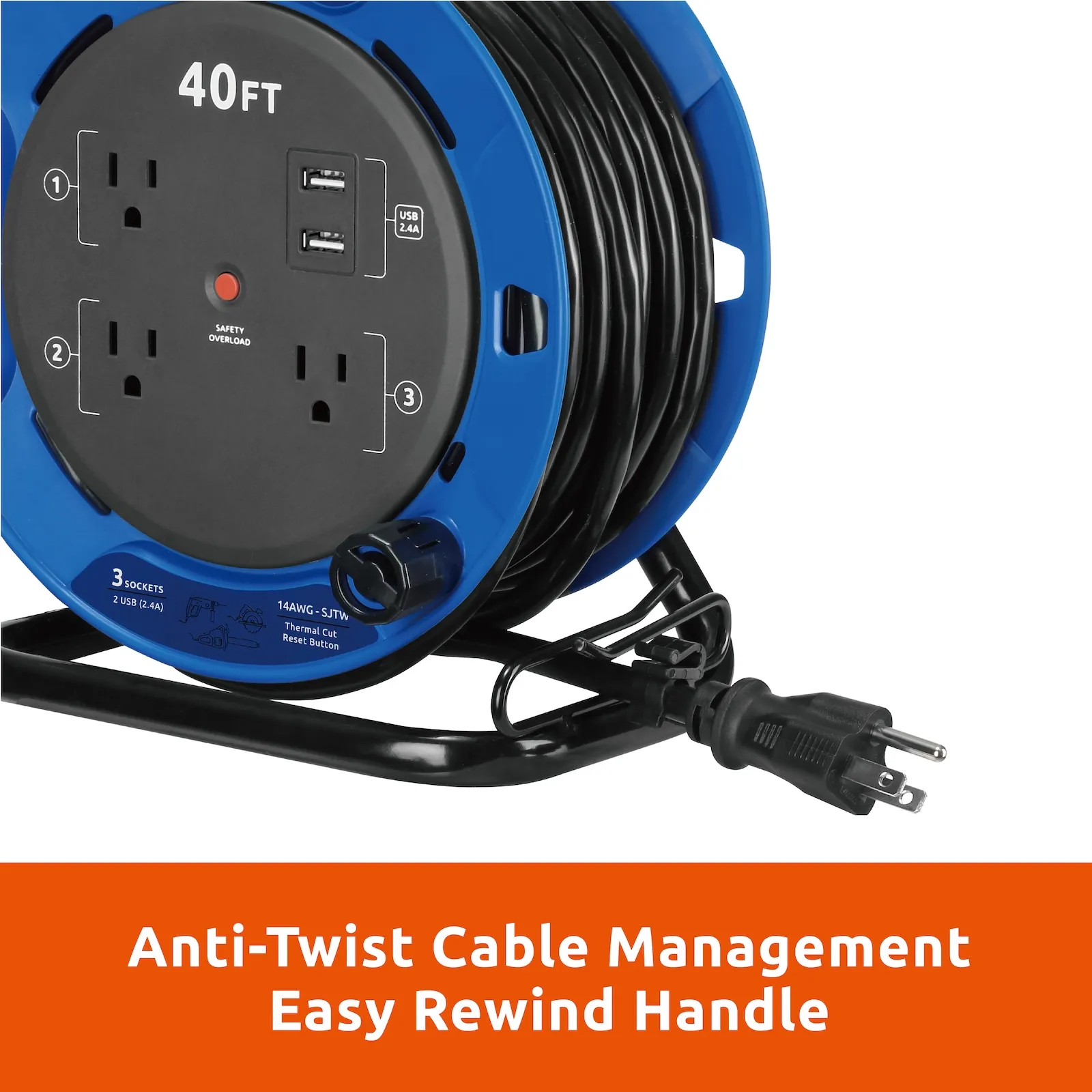 Link2Home - 40 Ft. Extension Cord Reel, Blue