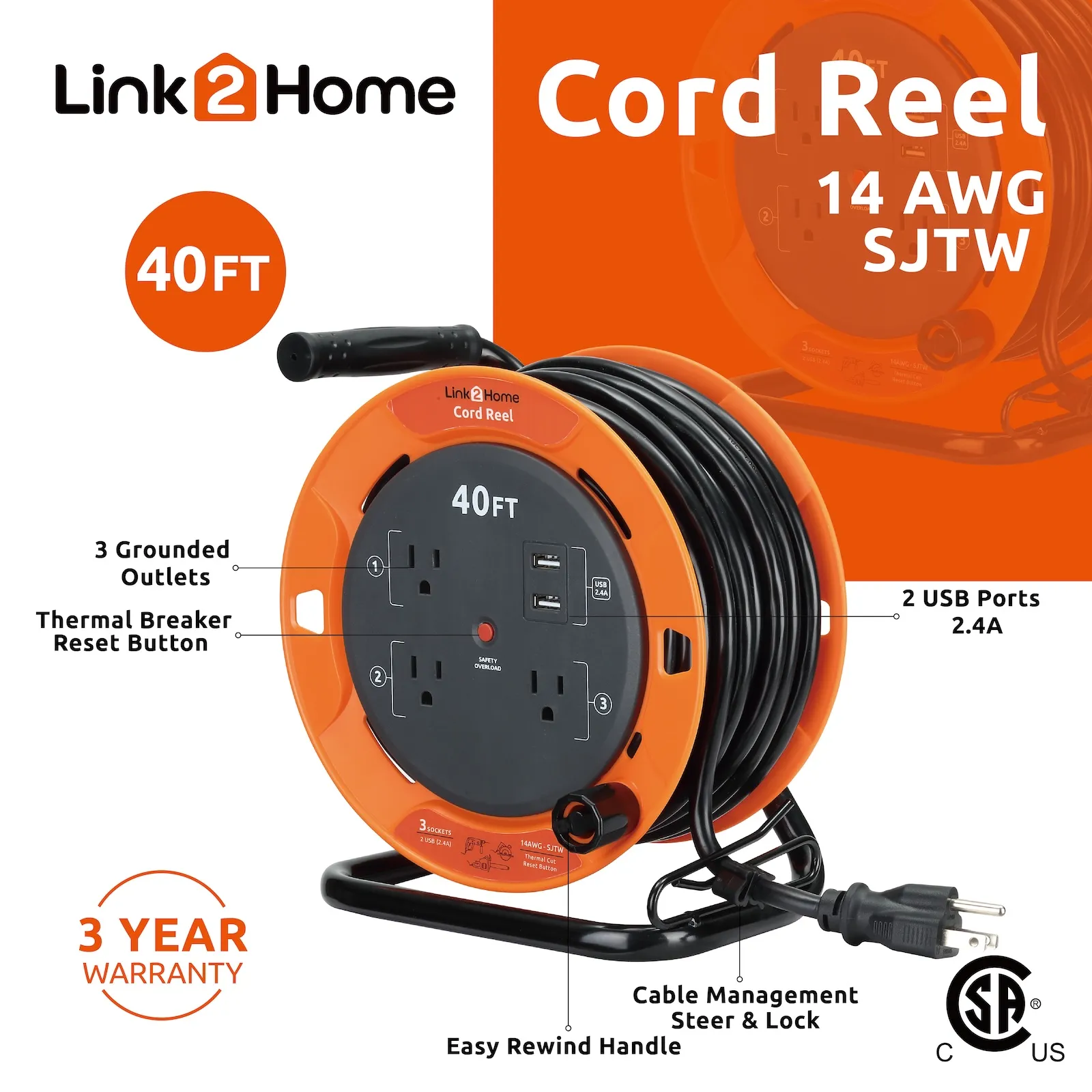 Link2Home - 40 Ft. Extension Cord Reel, Orange