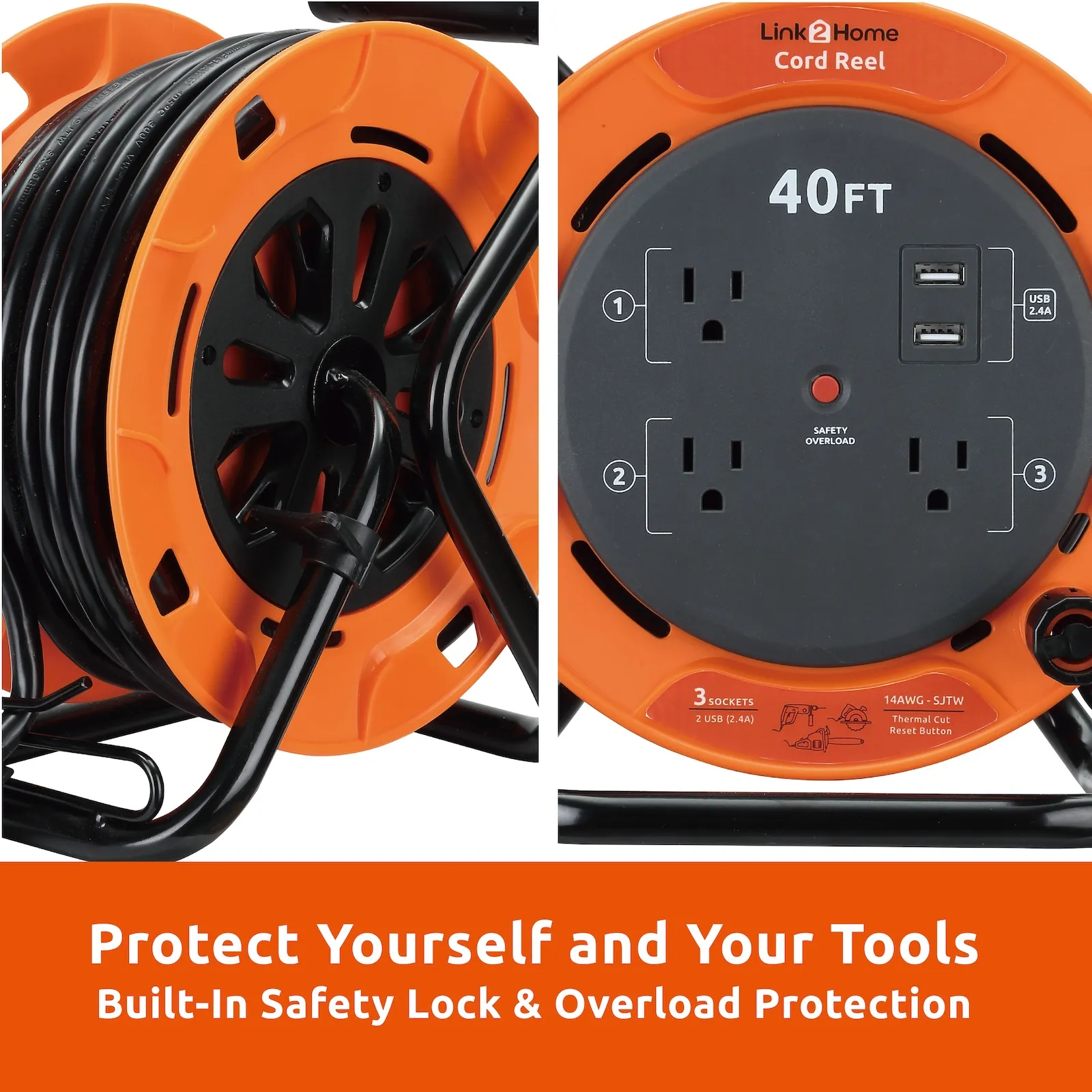 Link2Home - 40 Ft. Extension Cord Reel, Orange