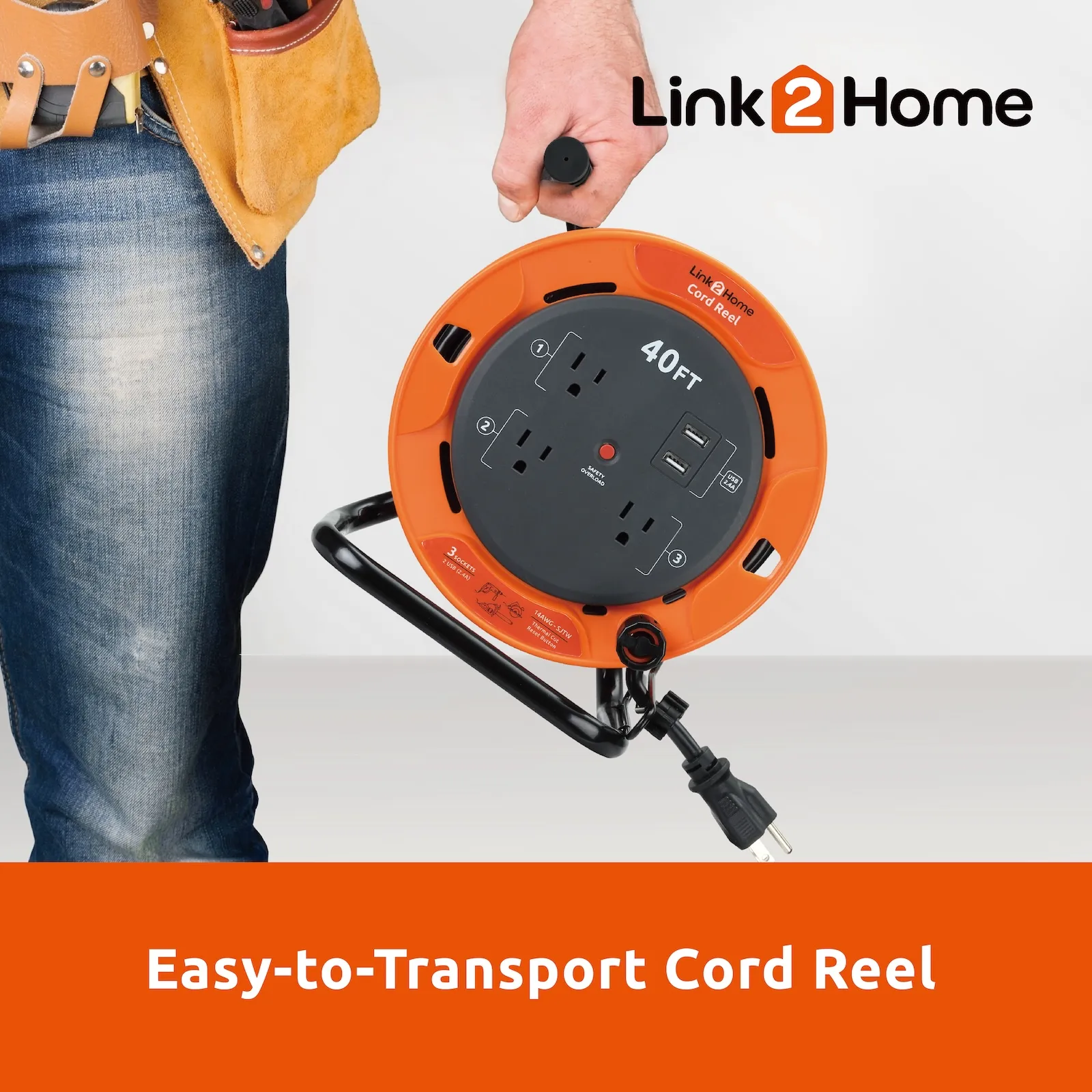 Link2Home - 40 Ft. Extension Cord Reel, Orange