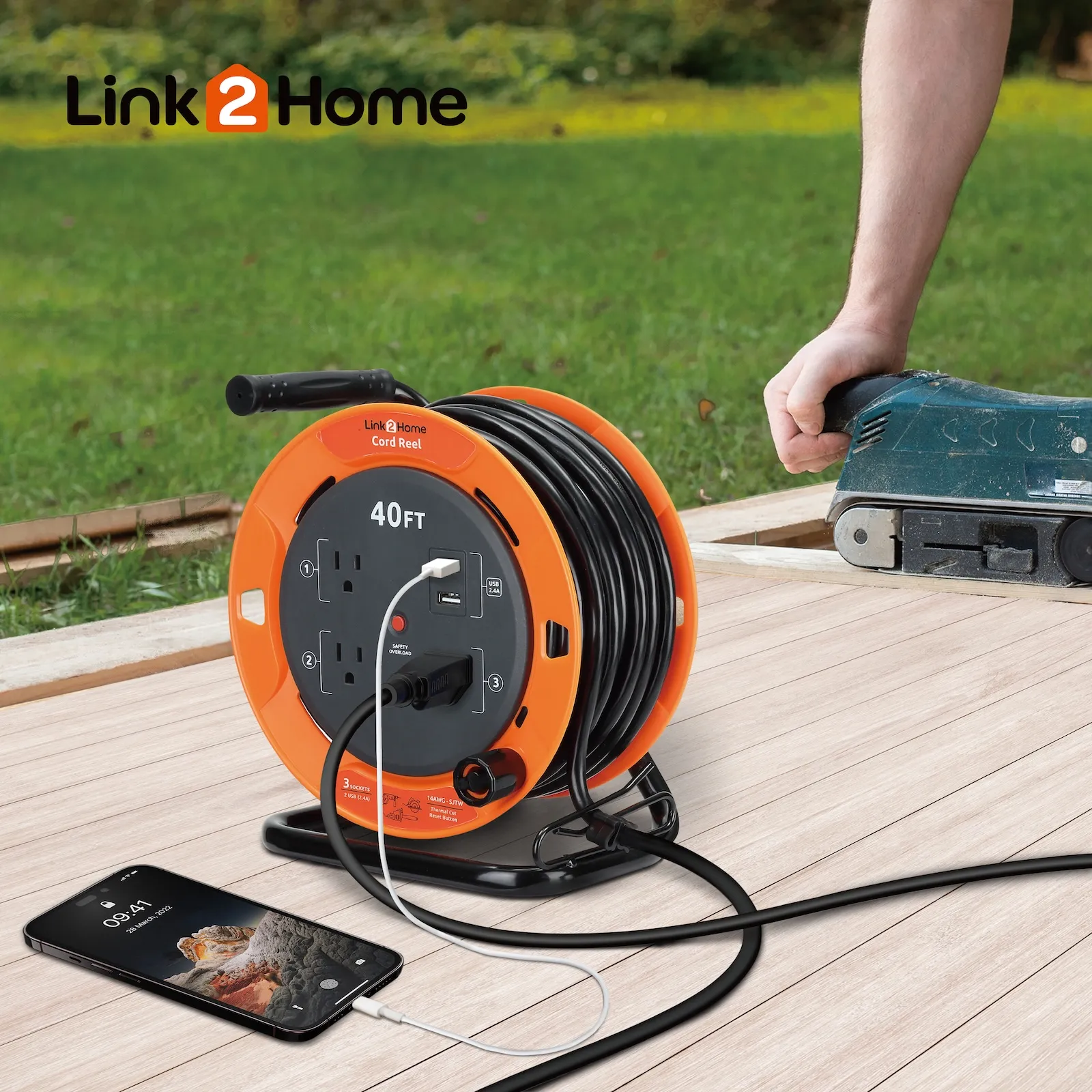 Link2Home - 40 Ft. Extension Cord Reel, Orange