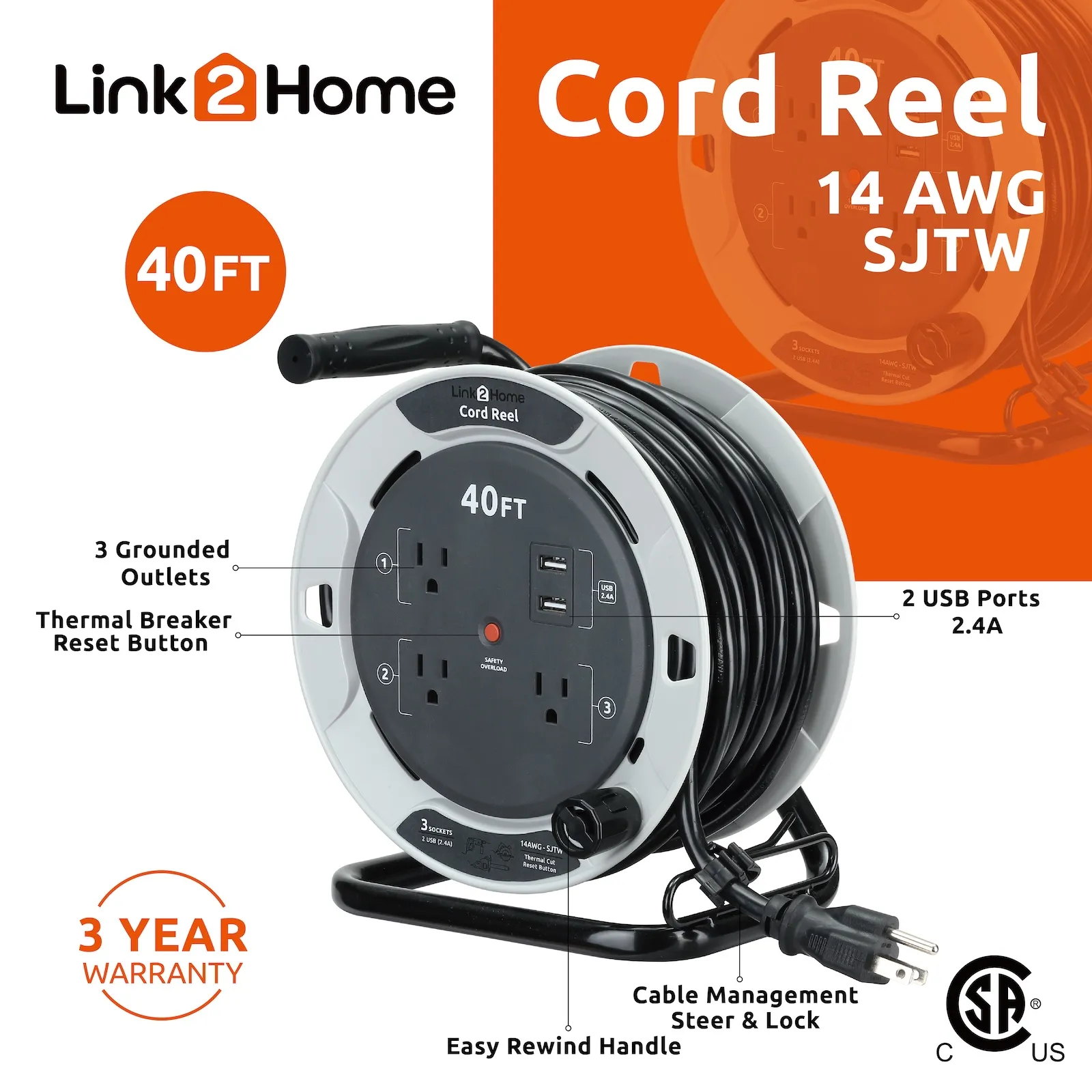 Link2Home - 40 Ft. Extension Cord Reel, Gray