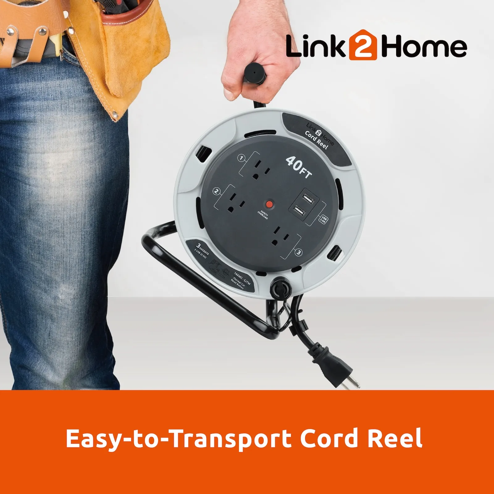 Link2Home - 40 Ft. Extension Cord Reel, Gray