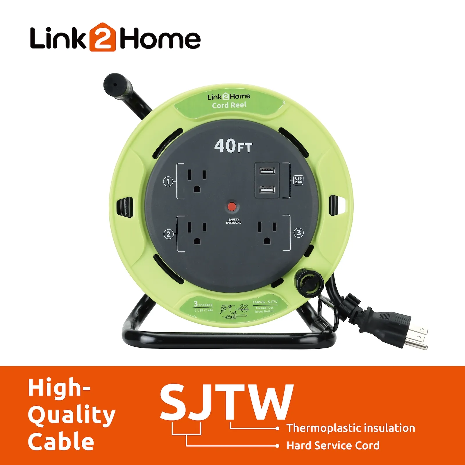 Link2Home - 40 Ft. Extension Cord Reel, Green