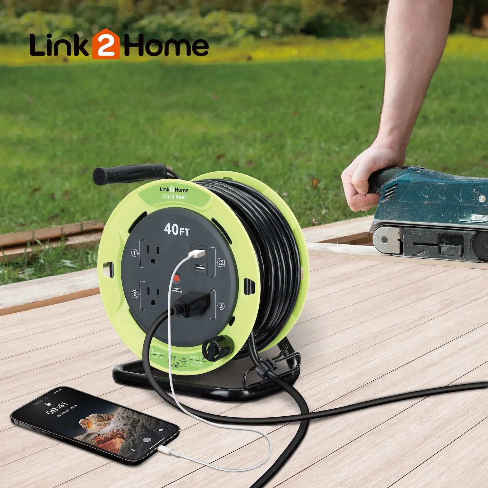 Link2Home - 40 Ft. Extension Cord Reel, Green