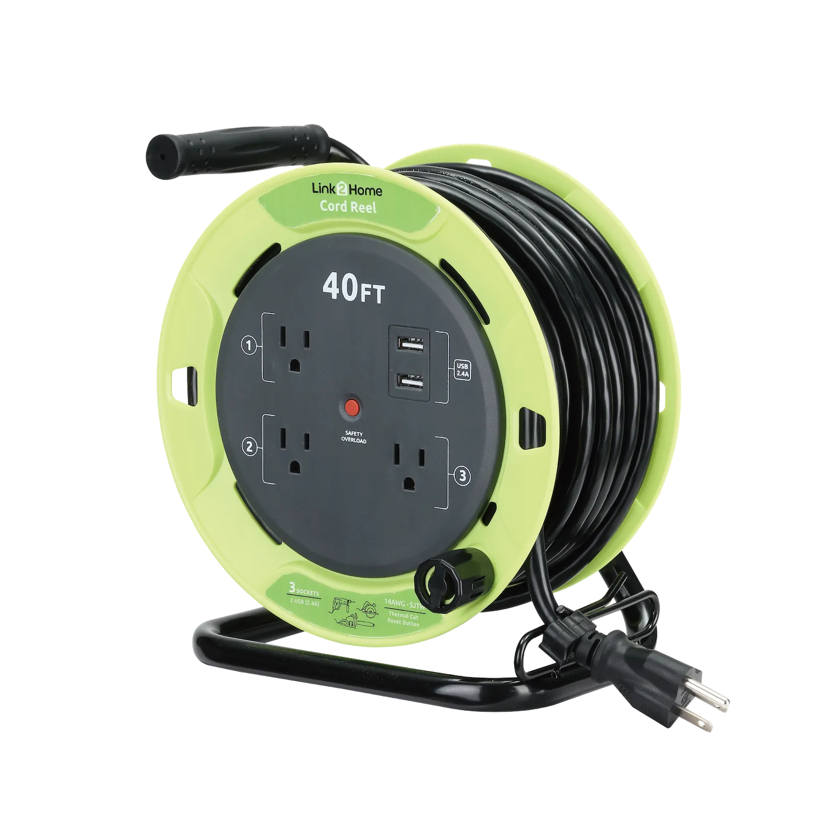 Link2Home - 40 Ft. Extension Cord Reel, Green