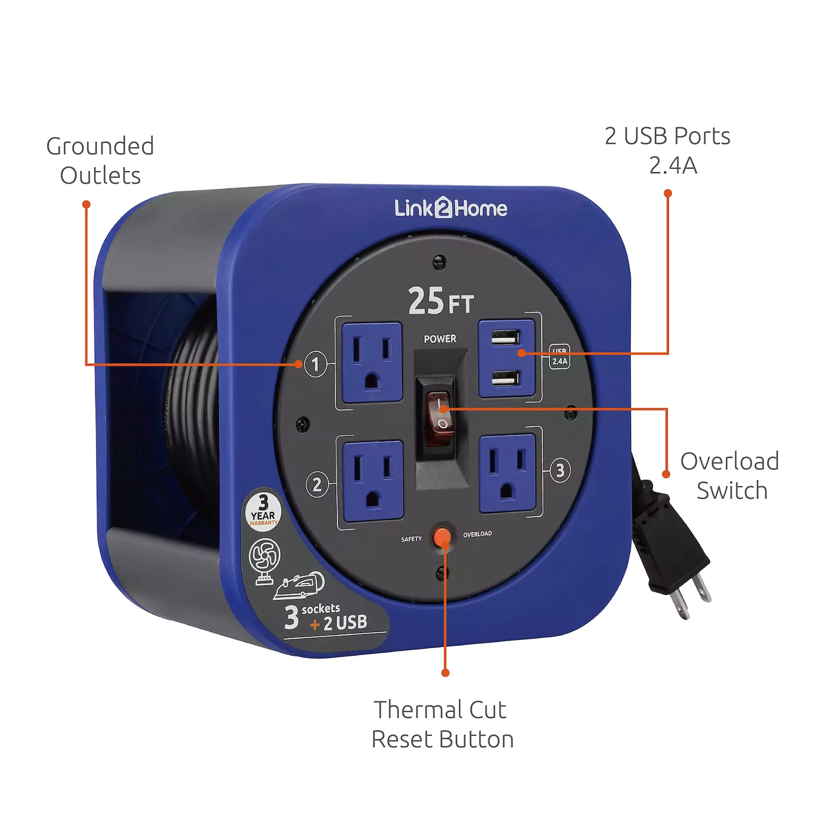 Link2Home - Cord Reel 25 ft. Extension, 3 Power Outlets, Blue