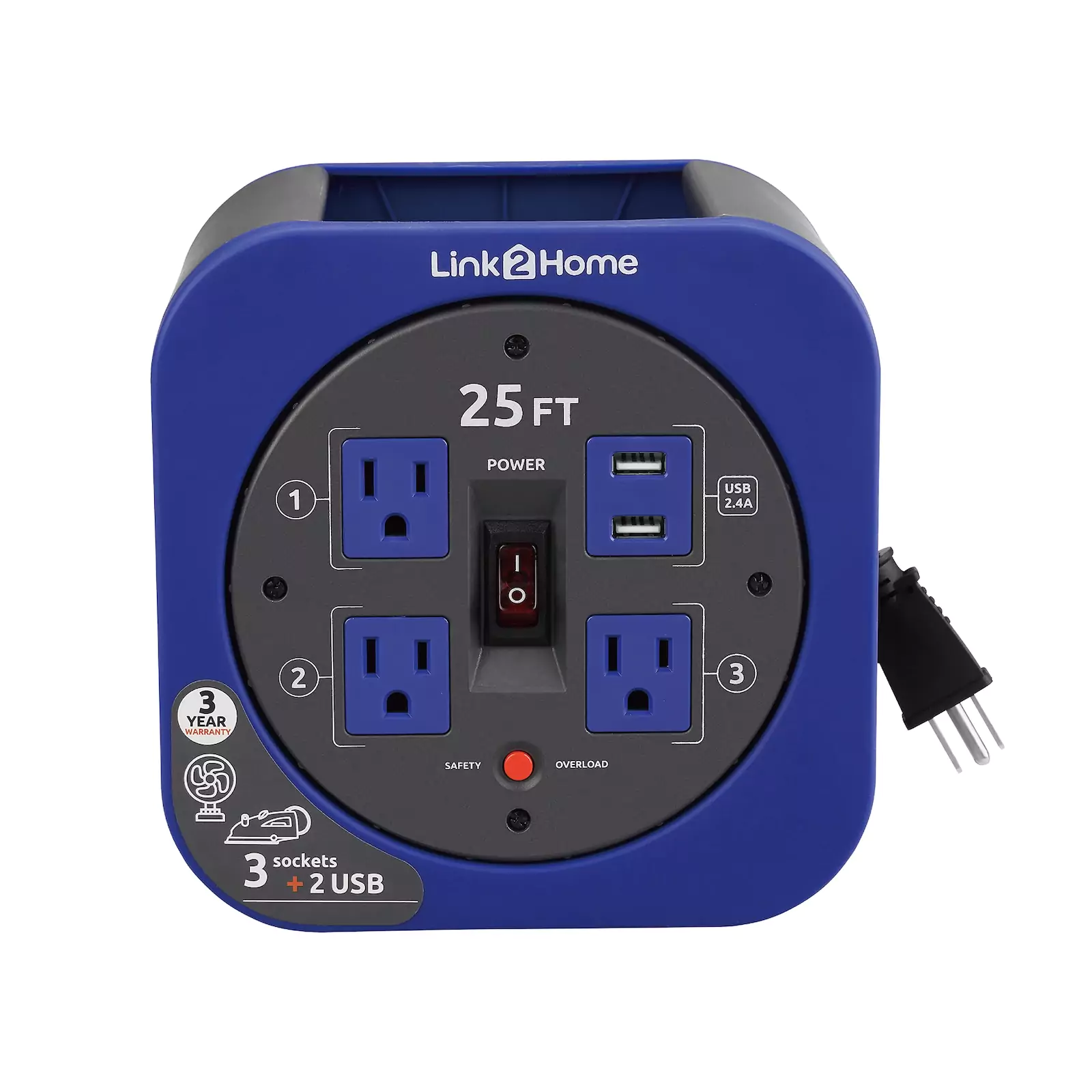 Link2Home - Cord Reel 25 ft. Extension, 3 Power Outlets, Blue