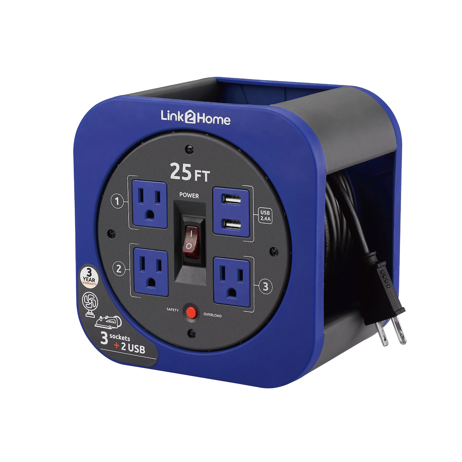 Link2Home - Cord Reel 25 ft. Extension, 3 Power Outlets, Blue