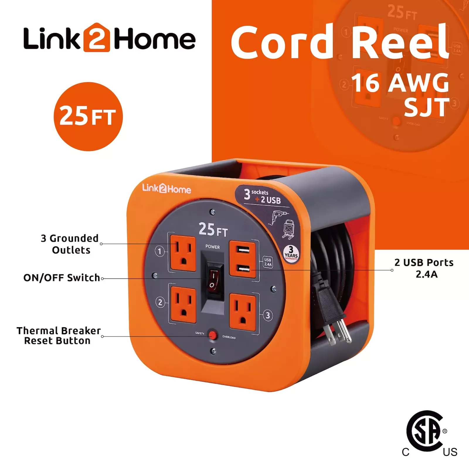 Link2Home - Cord Reel 25 ft. Extension, 3 Power Outlets, Orange