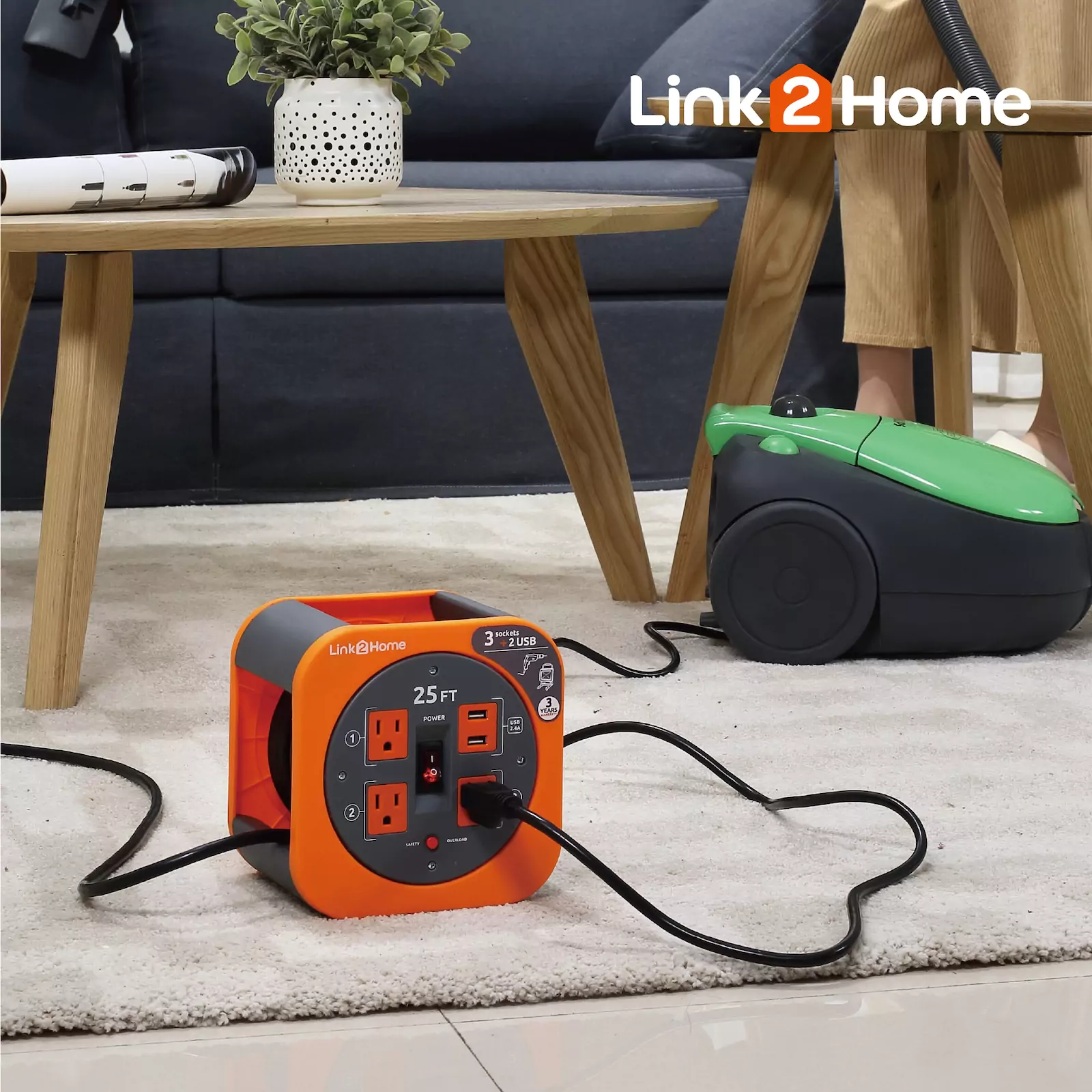 Link2Home - Cord Reel 25 ft. Extension, 3 Power Outlets, Orange