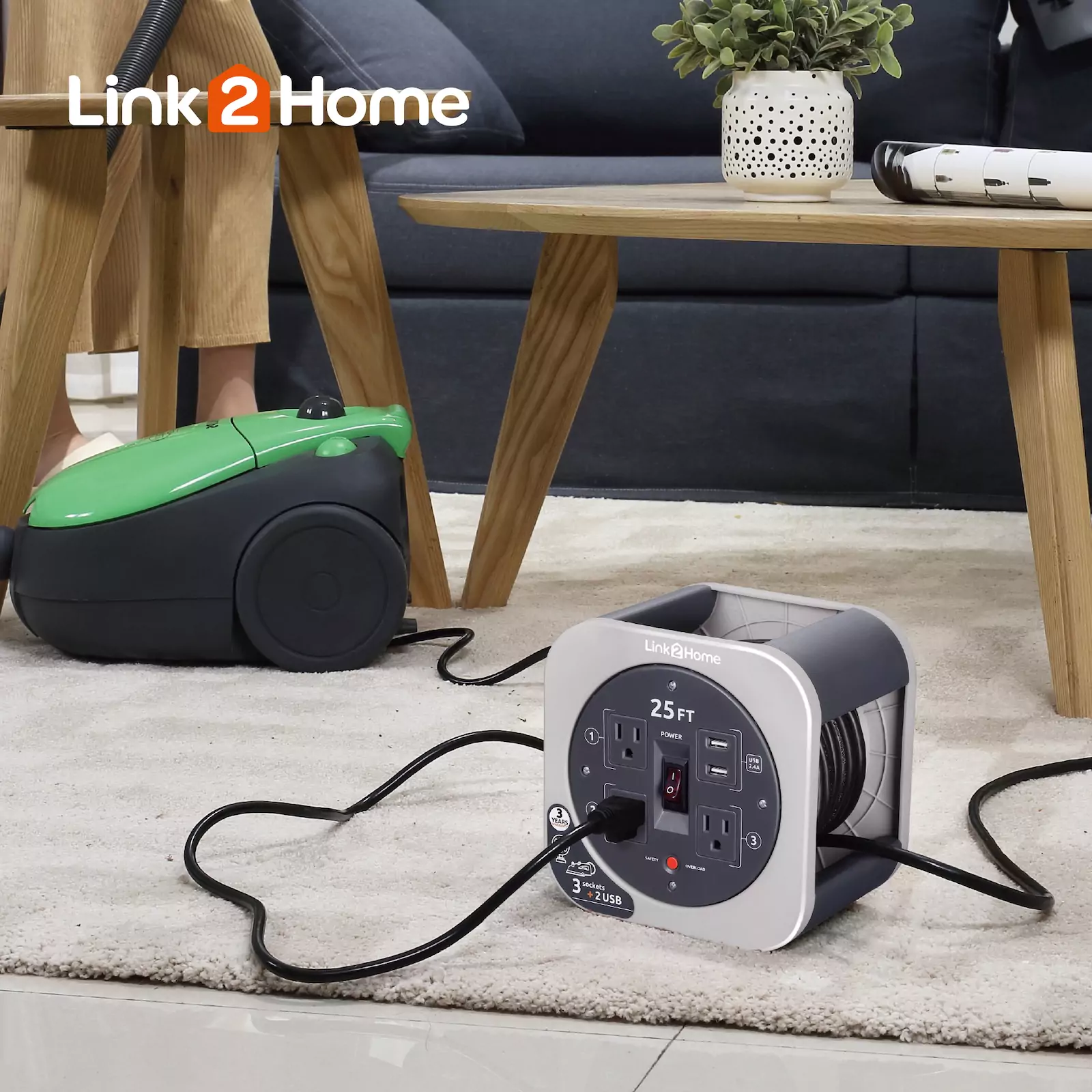 Link2Home - Cord Reel 25 ft. Extension, 3 Power Outlets, Light Gray