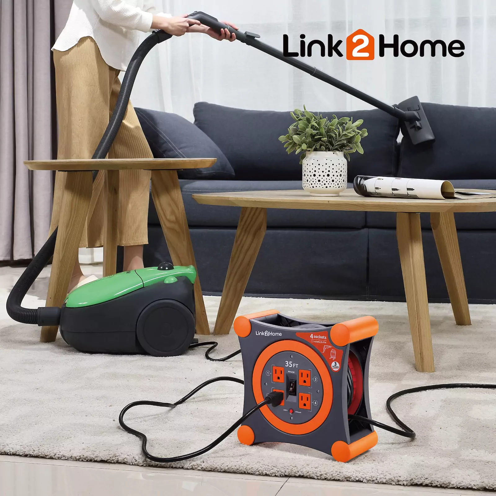 Link2Home - Cord Reel 35 ft. Extension, Orange