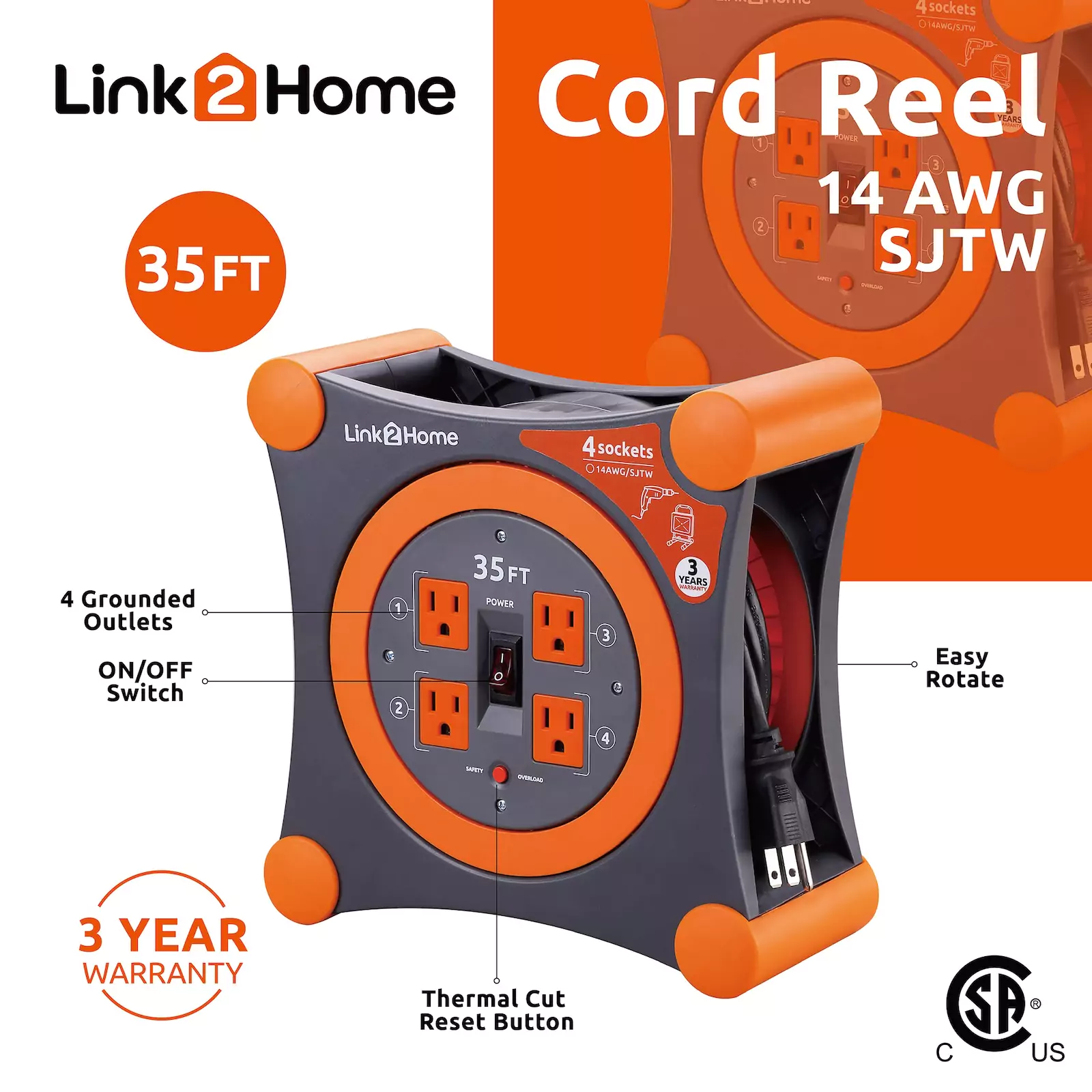 Link2Home - Cord Reel 35 ft. Extension, Orange