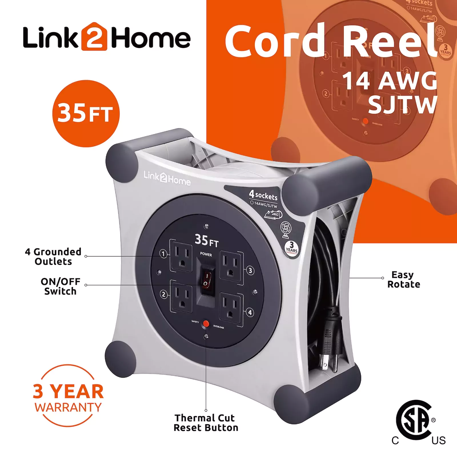 Link2Home - Cord Reel 35 ft. Extension, Light Gray