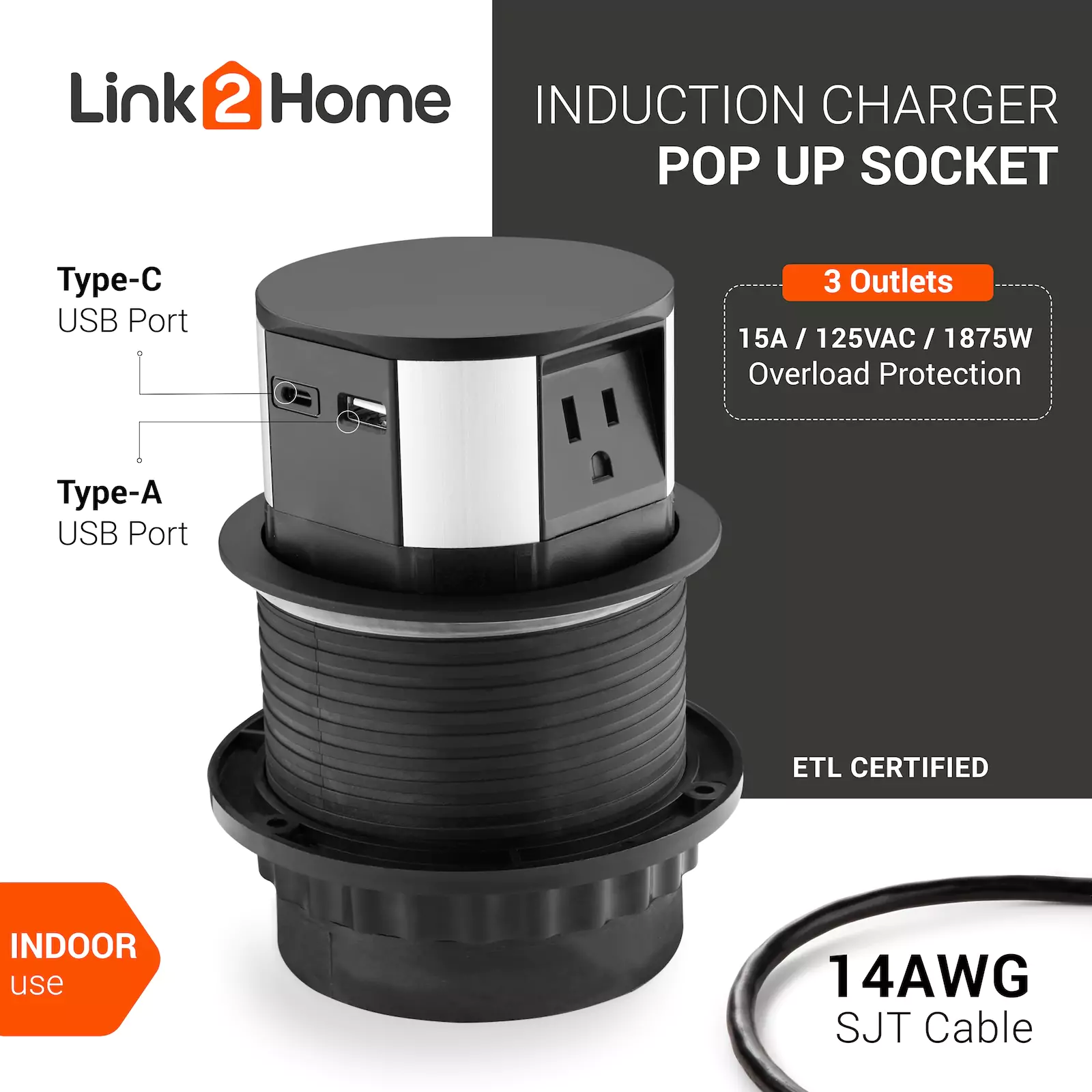 Link2Home - Space Saver Pop Up Outlet 10W Fast Induction Charger