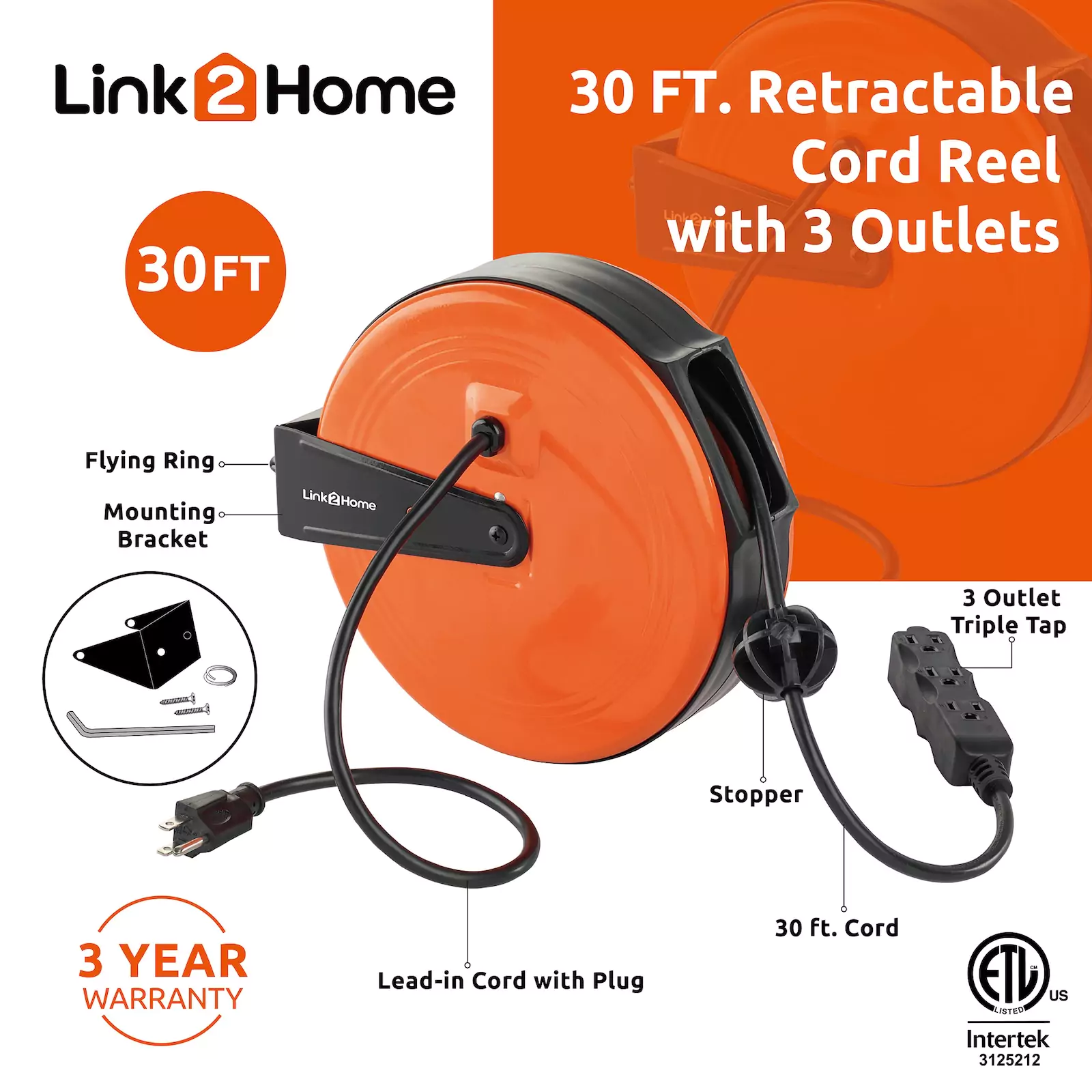 Link2Home - Cord Reel 30-ft 16 / 3-Prong Indoor