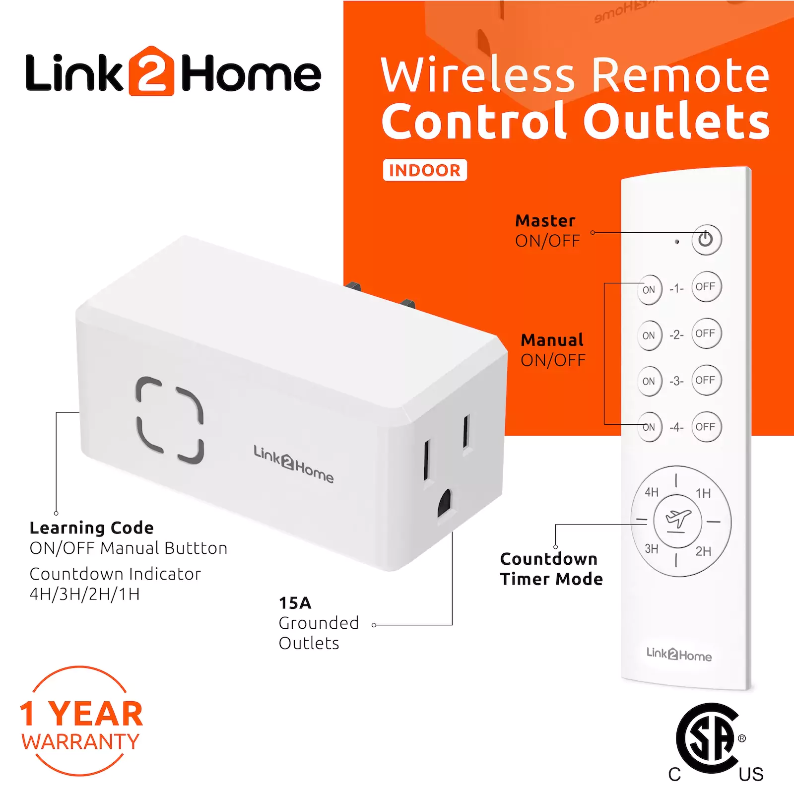 Link2Home - Wireless Remote Control Outlet Light Switch with Countdown Timer